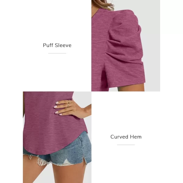 imageATHMILE Womens Summer Shirt V Neck Casual Tshirts Puff Sleeve Tops for Women Trendy 2024 Tunic Solid ColorPurple Red