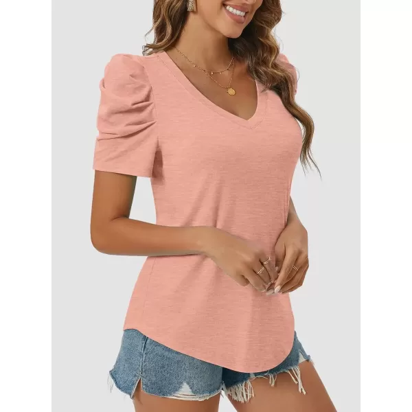imageATHMILE Womens Summer Shirt V Neck Casual Tshirts Puff Sleeve Tops for Women Trendy 2024 Tunic Solid ColorPink
