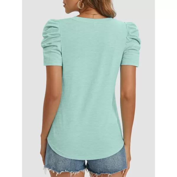imageATHMILE Womens Summer Shirt V Neck Casual Tshirts Puff Sleeve Tops for Women Trendy 2024 Tunic Solid ColorLake Green