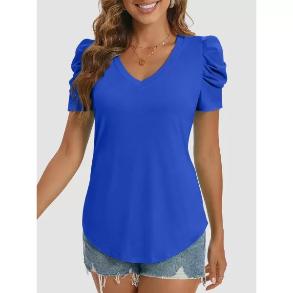 imageATHMILE Womens Summer Shirt V Neck Casual Tshirts Puff Sleeve Tops for Women Trendy 2024 Tunic Solid ColorRoyal Blue