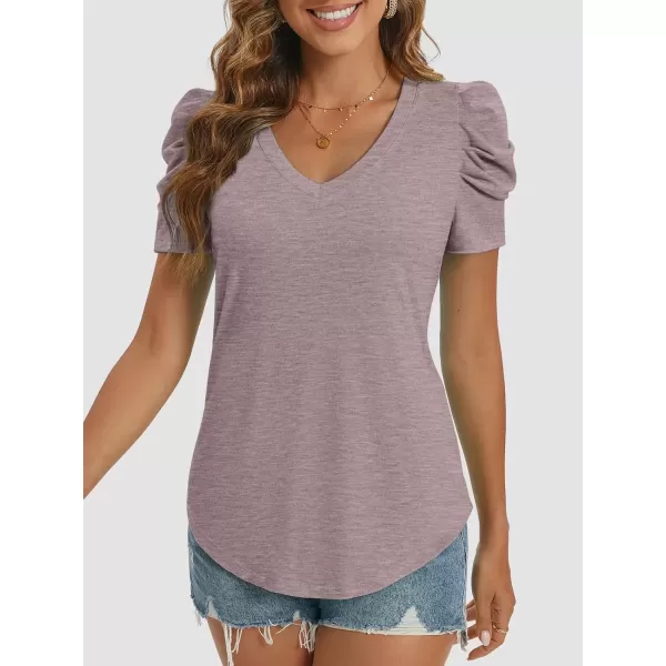 imageATHMILE Womens Summer Shirt V Neck Casual Tshirts Puff Sleeve Tops for Women Trendy 2024 Tunic Solid ColorGrey Purple