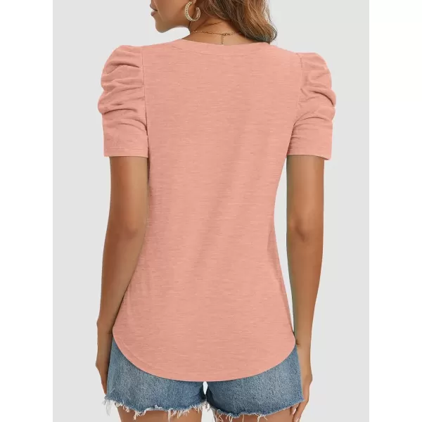 imageATHMILE Womens Summer Shirt V Neck Casual Tshirts Puff Sleeve Tops for Women Trendy 2024 Tunic Solid ColorPink