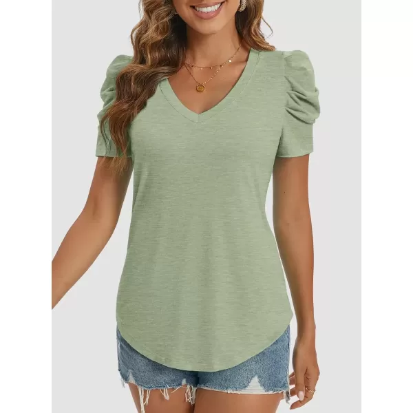 imageATHMILE Womens Summer Shirt V Neck Casual Tshirts Puff Sleeve Tops for Women Trendy 2024 Tunic Solid ColorGrey Green