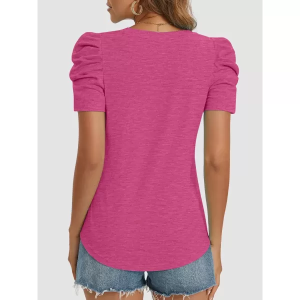 imageATHMILE Womens Summer Shirt V Neck Casual Tshirts Puff Sleeve Tops for Women Trendy 2024 Tunic Solid ColorHot Pink