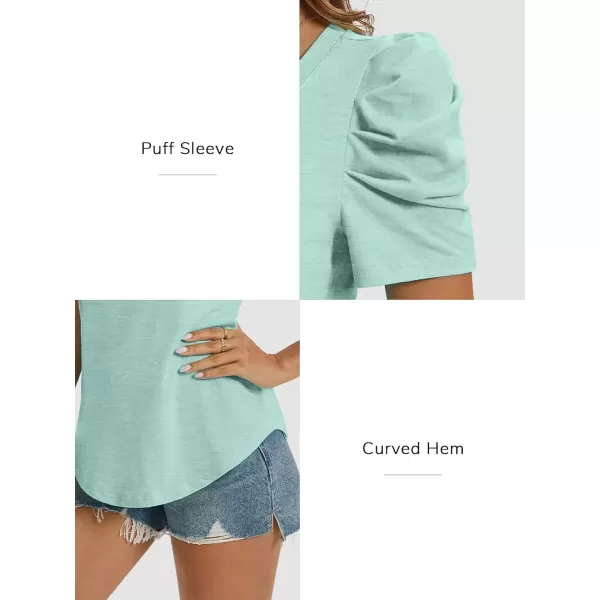 imageATHMILE Womens Summer Shirt V Neck Casual Tshirts Puff Sleeve Tops for Women Trendy 2024 Tunic Solid ColorLake Green