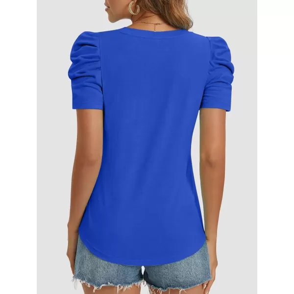imageATHMILE Womens Summer Shirt V Neck Casual Tshirts Puff Sleeve Tops for Women Trendy 2024 Tunic Solid ColorRoyal Blue
