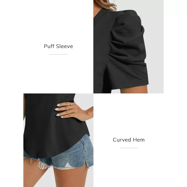 imageATHMILE Womens Summer Shirt V Neck Casual Tshirts Puff Sleeve Tops for Women Trendy 2024 Tunic Solid ColorBlack