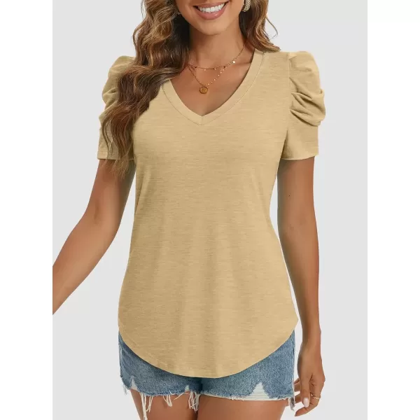 imageATHMILE Womens Summer Shirt V Neck Casual Tshirts Puff Sleeve Tops for Women Trendy 2024 Tunic Solid ColorKhaki