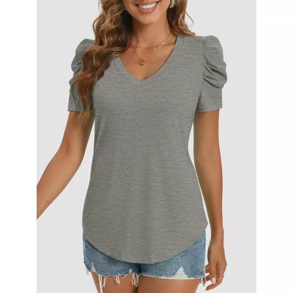 imageATHMILE Womens Summer Shirt V Neck Casual Tshirts Puff Sleeve Tops for Women Trendy 2024 Tunic Solid ColorGrey
