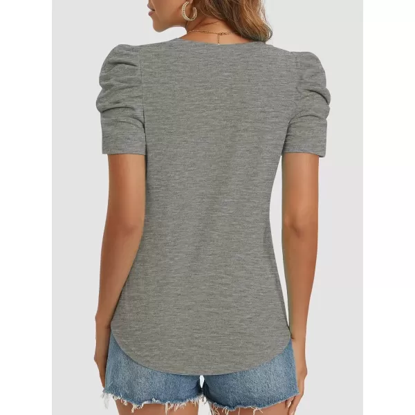 imageATHMILE Womens Summer Shirt V Neck Casual Tshirts Puff Sleeve Tops for Women Trendy 2024 Tunic Solid ColorGrey