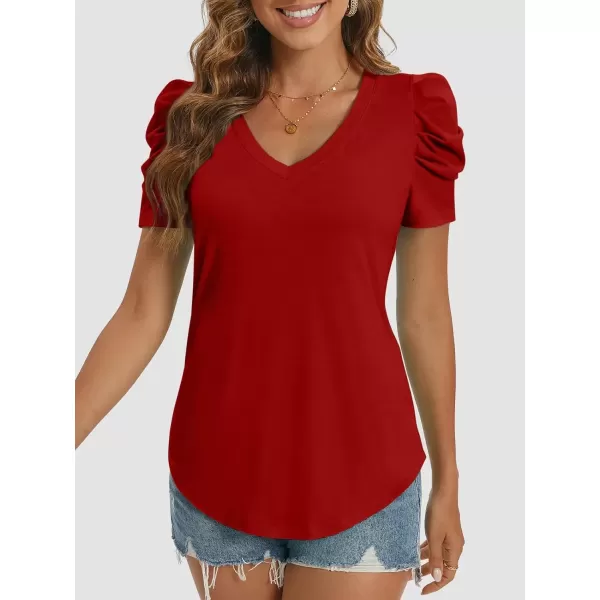 imageATHMILE Womens Summer Shirt V Neck Casual Tshirts Puff Sleeve Tops for Women Trendy 2024 Tunic Solid ColorRed
