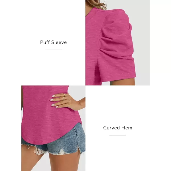 imageATHMILE Womens Summer Shirt V Neck Casual Tshirts Puff Sleeve Tops for Women Trendy 2024 Tunic Solid ColorHot Pink