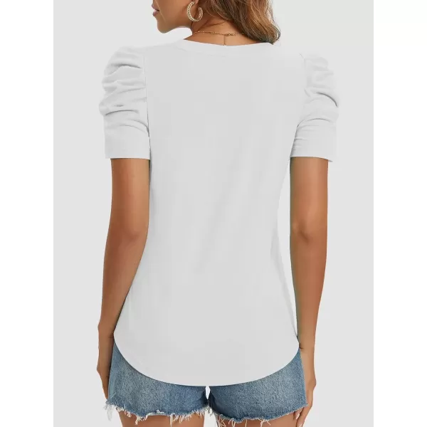 imageATHMILE Womens Summer Shirt V Neck Casual Tshirts Puff Sleeve Tops for Women Trendy 2024 Tunic Solid ColorWhite