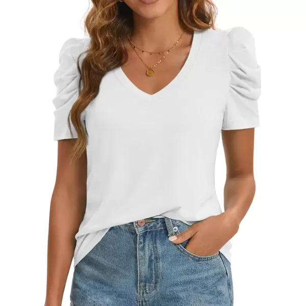 imageATHMILE Womens Summer Shirt V Neck Casual Tshirts Puff Sleeve Tops for Women Trendy 2024 Tunic Solid ColorWhite