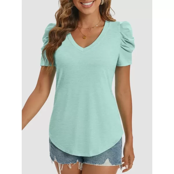 imageATHMILE Womens Summer Shirt V Neck Casual Tshirts Puff Sleeve Tops for Women Trendy 2024 Tunic Solid ColorLake Green