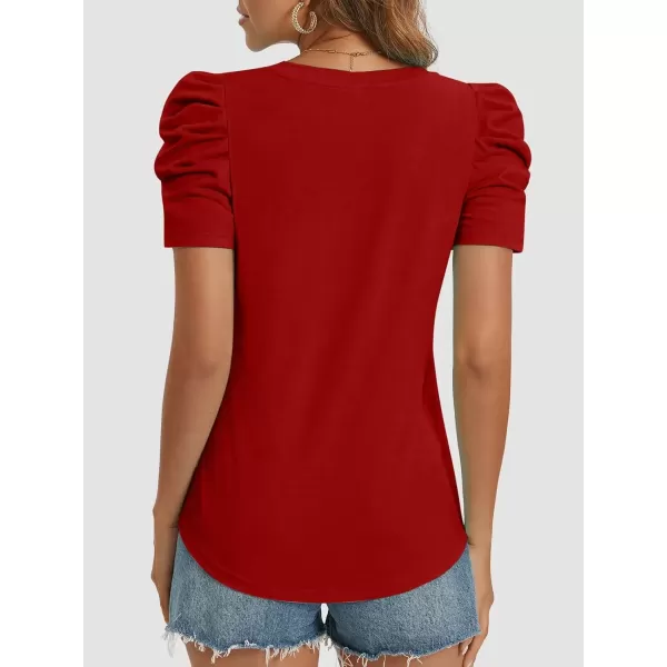 imageATHMILE Womens Summer Shirt V Neck Casual Tshirts Puff Sleeve Tops for Women Trendy 2024 Tunic Solid ColorRed