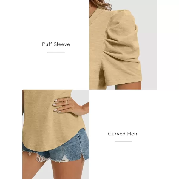 imageATHMILE Womens Summer Shirt V Neck Casual Tshirts Puff Sleeve Tops for Women Trendy 2024 Tunic Solid ColorKhaki