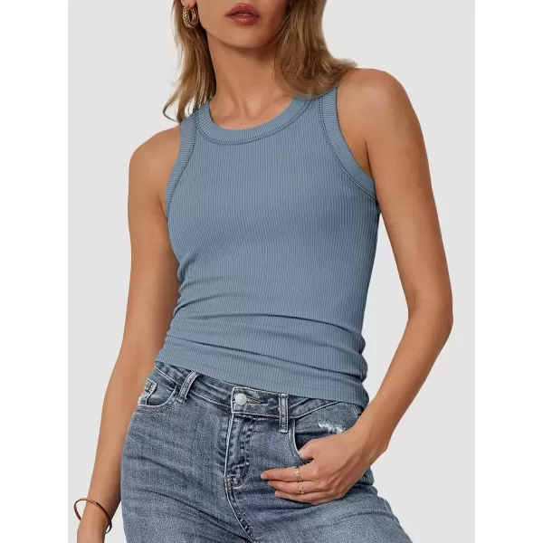 imageATHMILE Womens Tank Top Sleeveless Racerback High Neck Casual Basic Ribbed Fitted 2024 FashionHaze Blue