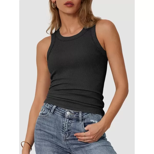 imageATHMILE Womens Tank Top Sleeveless Racerback High Neck Casual Basic Ribbed Fitted 2024 FashionBlack