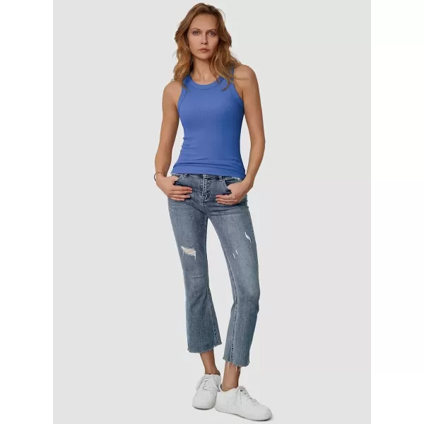 imageATHMILE Womens Tank Top Sleeveless Racerback High Neck Casual Basic Ribbed Fitted 2024 FashionBlue