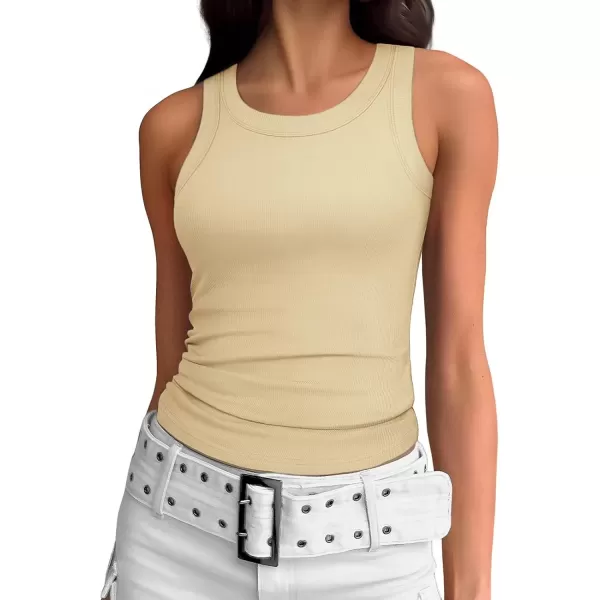 imageATHMILE Womens Tank Top Sleeveless Racerback High Neck Casual Basic Ribbed Fitted 2024 FashionApricot