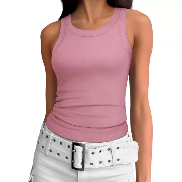 imageATHMILE Womens Tank Top Sleeveless Racerback High Neck Casual Basic Ribbed Fitted 2024 FashionDarkpink