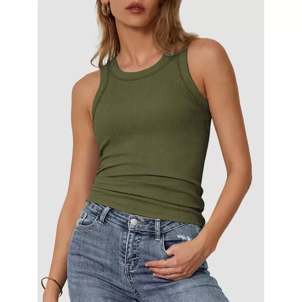 imageATHMILE Womens Tank Top Sleeveless Racerback High Neck Casual Basic Ribbed Fitted 2024 FashionArmygreen