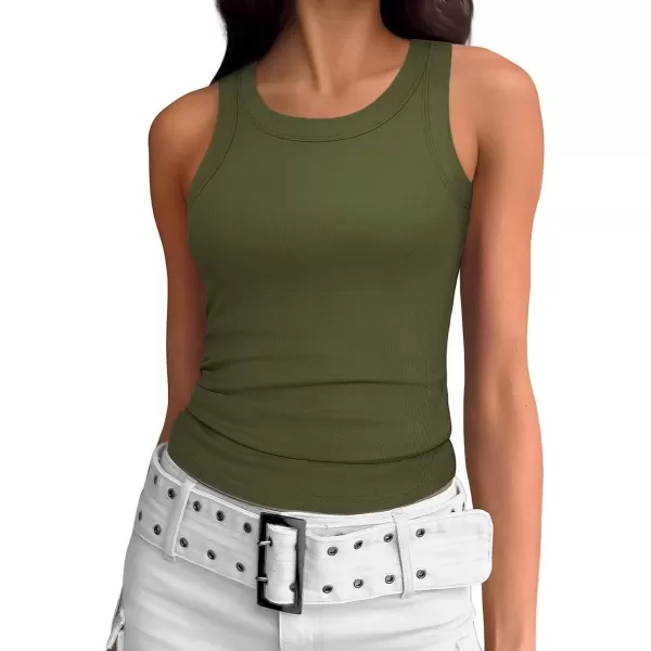 imageATHMILE Womens Tank Top Sleeveless Racerback High Neck Casual Basic Ribbed Fitted 2024 FashionArmygreen