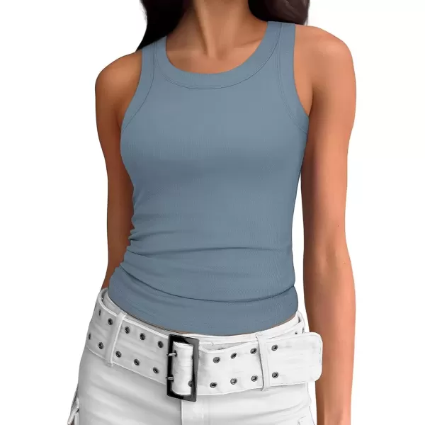 imageATHMILE Womens Tank Top Sleeveless Racerback High Neck Casual Basic Ribbed Fitted 2024 FashionHaze Blue