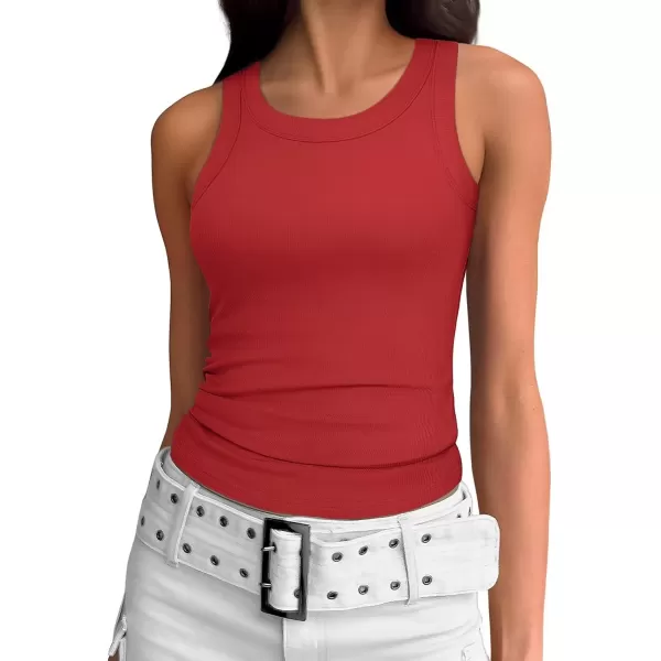 imageATHMILE Womens Tank Top Sleeveless Racerback High Neck Casual Basic Ribbed Fitted 2024 FashionRed