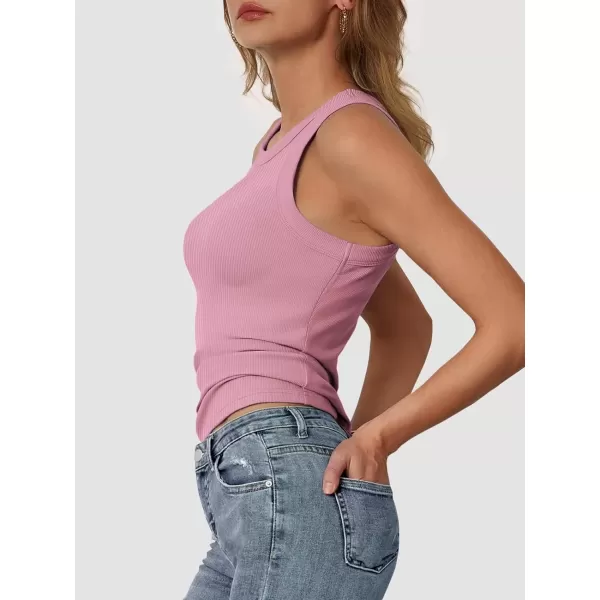 imageATHMILE Womens Tank Top Sleeveless Racerback High Neck Casual Basic Ribbed Fitted 2024 FashionDarkpink