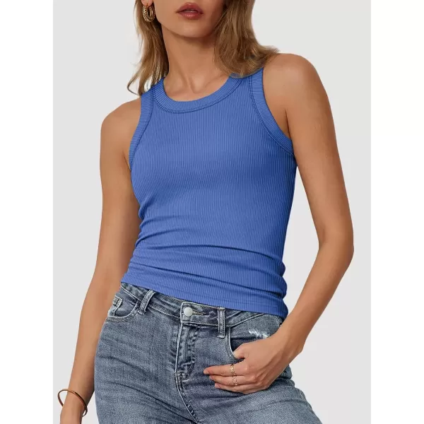 imageATHMILE Womens Tank Top Sleeveless Racerback High Neck Casual Basic Ribbed Fitted 2024 FashionBlue