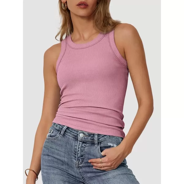 imageATHMILE Womens Tank Top Sleeveless Racerback High Neck Casual Basic Ribbed Fitted 2024 FashionDarkpink