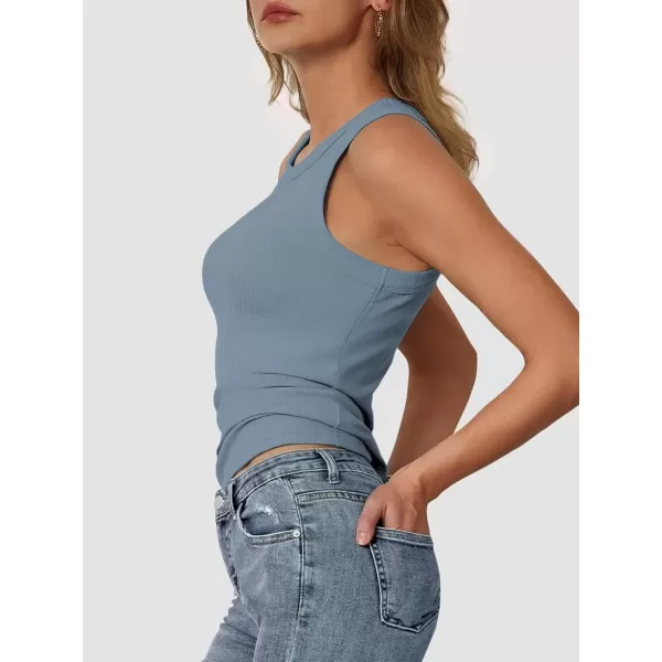 imageATHMILE Womens Tank Top Sleeveless Racerback High Neck Casual Basic Ribbed Fitted 2024 FashionHaze Blue