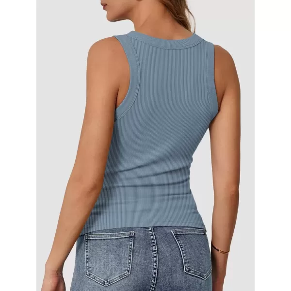 imageATHMILE Womens Tank Top Sleeveless Racerback High Neck Casual Basic Ribbed Fitted 2024 FashionHaze Blue