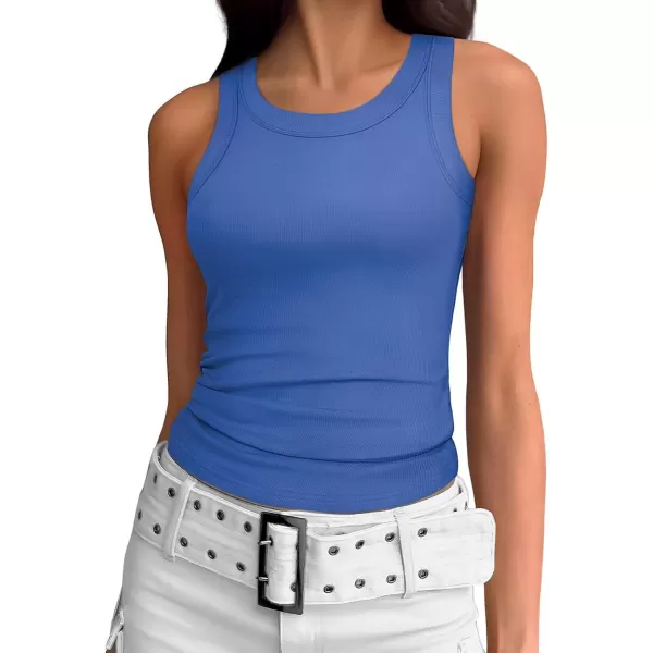 imageATHMILE Womens Tank Top Sleeveless Racerback High Neck Casual Basic Ribbed Fitted 2024 FashionBlue