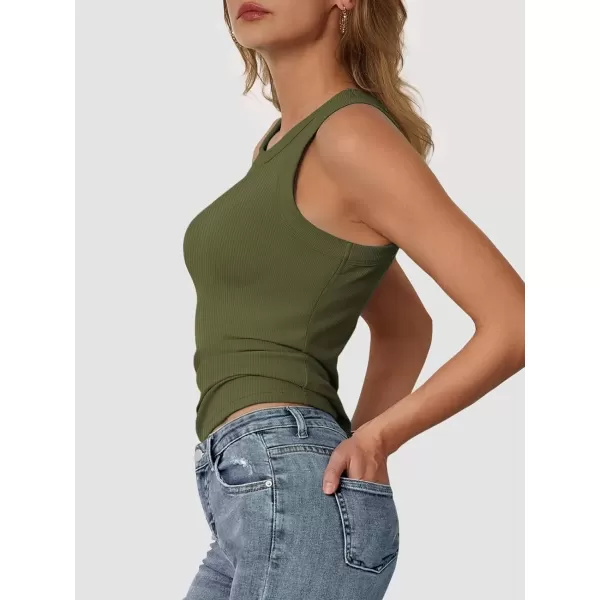 imageATHMILE Womens Tank Top Sleeveless Racerback High Neck Casual Basic Ribbed Fitted 2024 FashionArmygreen