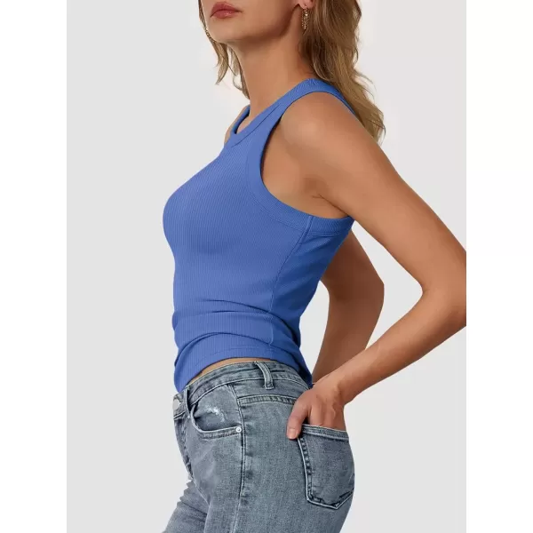 imageATHMILE Womens Tank Top Sleeveless Racerback High Neck Casual Basic Ribbed Fitted 2024 FashionBlue