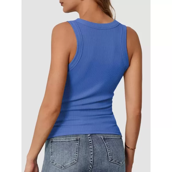 imageATHMILE Womens Tank Top Sleeveless Racerback High Neck Casual Basic Ribbed Fitted 2024 FashionBlue