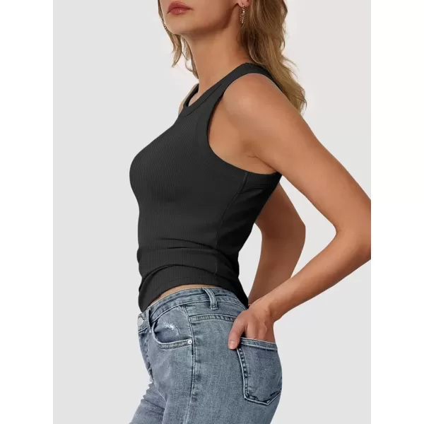 imageATHMILE Womens Tank Top Sleeveless Racerback High Neck Casual Basic Ribbed Fitted 2024 FashionBlack