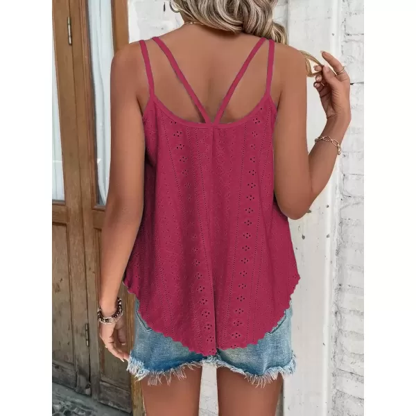 imageATHMILE Womens Tank Tops Eyelet Embroidery Sleeveless Spaghetti Strap Tops Scoop Neck Sexy Loose Fit Casual SummerWine Red