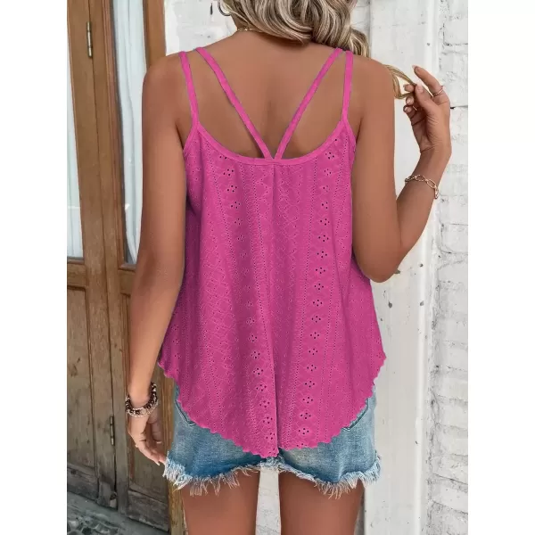 imageATHMILE Womens Tank Tops Eyelet Embroidery Sleeveless Spaghetti Strap Tops Scoop Neck Sexy Loose Fit Casual SummerHot Pink