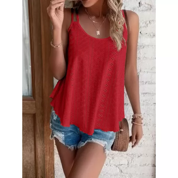 imageATHMILE Womens Tank Tops Eyelet Embroidery Sleeveless Spaghetti Strap Tops Scoop Neck Sexy Loose Fit Casual SummerRed