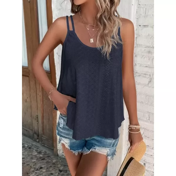 imageATHMILE Womens Tank Tops Eyelet Embroidery Sleeveless Spaghetti Strap Tops Scoop Neck Sexy Loose Fit Casual SummerNavy