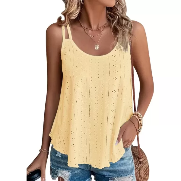 imageATHMILE Womens Tank Tops Eyelet Embroidery Sleeveless Spaghetti Strap Tops Scoop Neck Sexy Loose Fit Casual SummerYellow