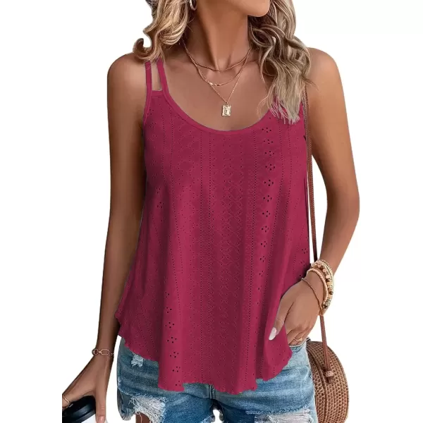 imageATHMILE Womens Tank Tops Eyelet Embroidery Sleeveless Spaghetti Strap Tops Scoop Neck Sexy Loose Fit Casual SummerWine Red