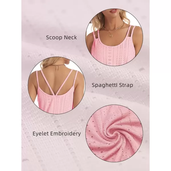 imageATHMILE Womens Tank Tops Eyelet Embroidery Sleeveless Spaghetti Strap Tops Scoop Neck Sexy Loose Fit Casual SummerPink