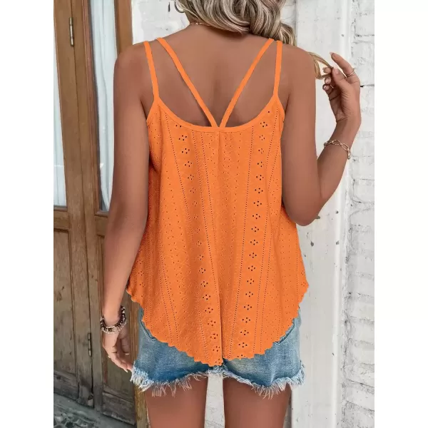 imageATHMILE Womens Tank Tops Eyelet Embroidery Sleeveless Spaghetti Strap Tops Scoop Neck Sexy Loose Fit Casual SummerOrange