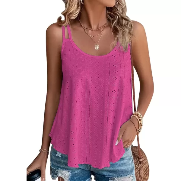 imageATHMILE Womens Tank Tops Eyelet Embroidery Sleeveless Spaghetti Strap Tops Scoop Neck Sexy Loose Fit Casual SummerHot Pink