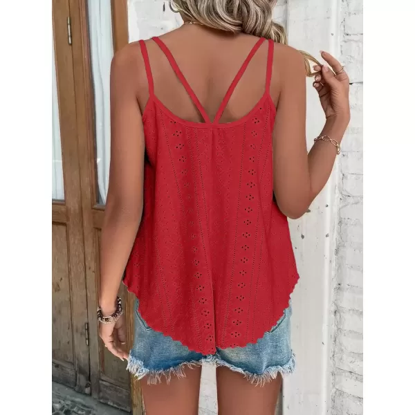 imageATHMILE Womens Tank Tops Eyelet Embroidery Sleeveless Spaghetti Strap Tops Scoop Neck Sexy Loose Fit Casual SummerRed